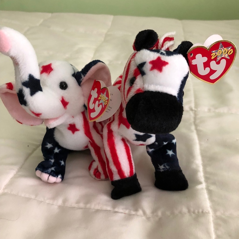 Right & Lefty Beanie Baby red, white, blue donkey & elephant